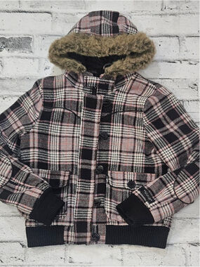 Majora Wool Blend Plaid Hooded Bomber Jacket Faux Fur Trim M